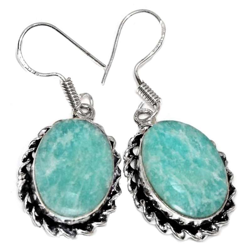 Natural Amazonite Oval Gemstone set in .925 Sterling Silver Plated Antique Style Earrings