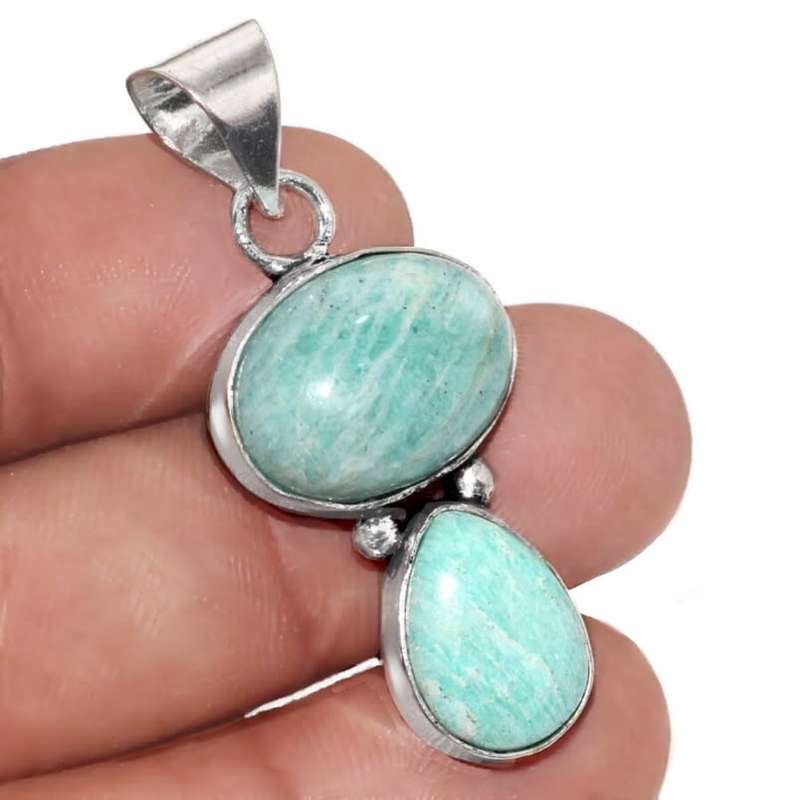 Natural Peruvian Amazonite Gemstones set in .925 Sterling Silver Plated Handmade Dainty Pendant