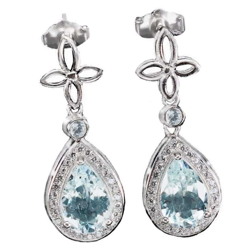 Natural Unheated Aquamarine Pear and White CZ Gemstone Solid .925 Sterling Silver Stud Earrings
