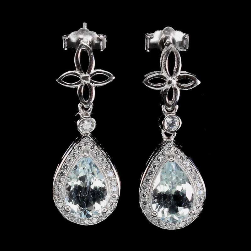 Natural Unheated Aquamarine Pear and White CZ Gemstone Solid .925 Sterling Silver Stud Earrings