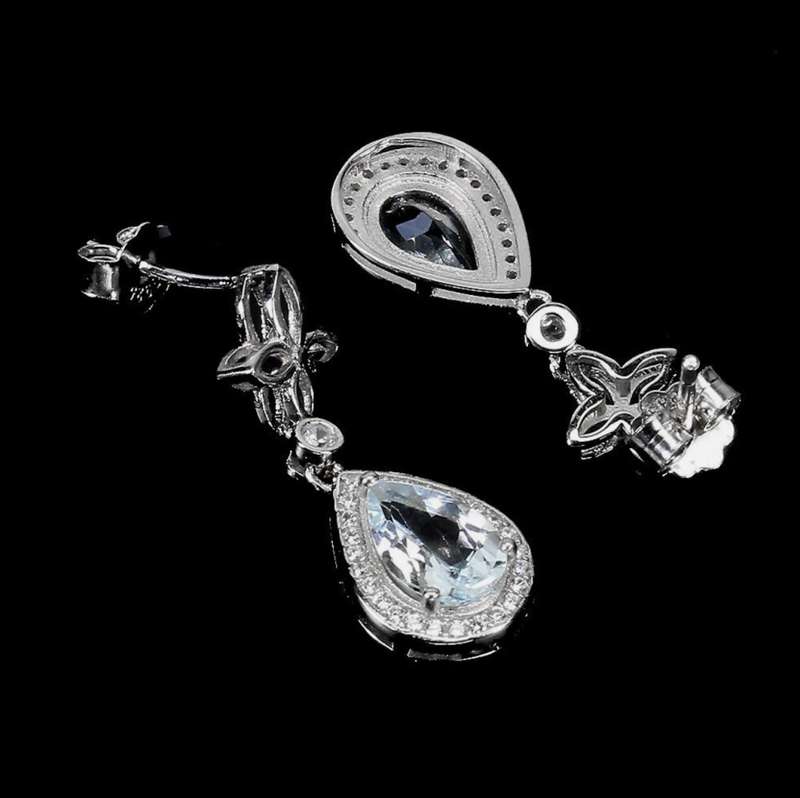 Natural Unheated Aquamarine Pear and White CZ Gemstone Solid .925 Sterling Silver Stud Earrings