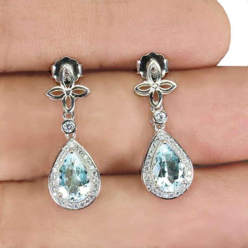 Natural Unheated Aquamarine Pear and White CZ Gemstone Solid .925 Sterling Silver Stud Earrings