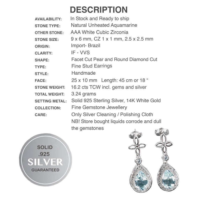 Natural Unheated Aquamarine Pear and White CZ Gemstone Solid .925 Sterling Silver Stud Earrings