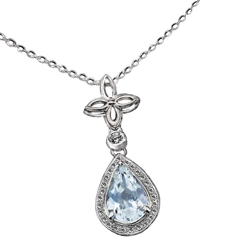 Natural Unheated Aquamarine Pear and White CZ Gemstone Solid .925 Sterling Silver Necklace