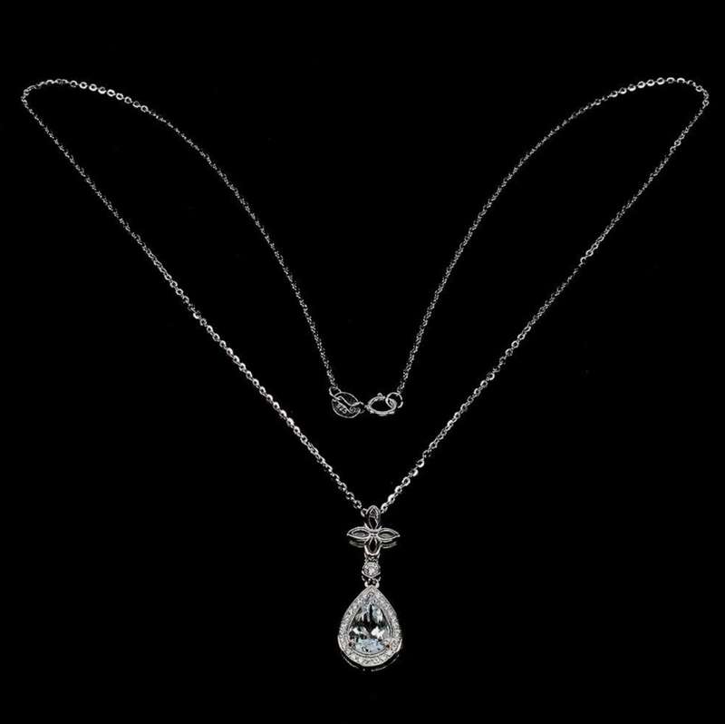 Natural Unheated Aquamarine Pear and White CZ Gemstone Solid .925 Sterling Silver Necklace