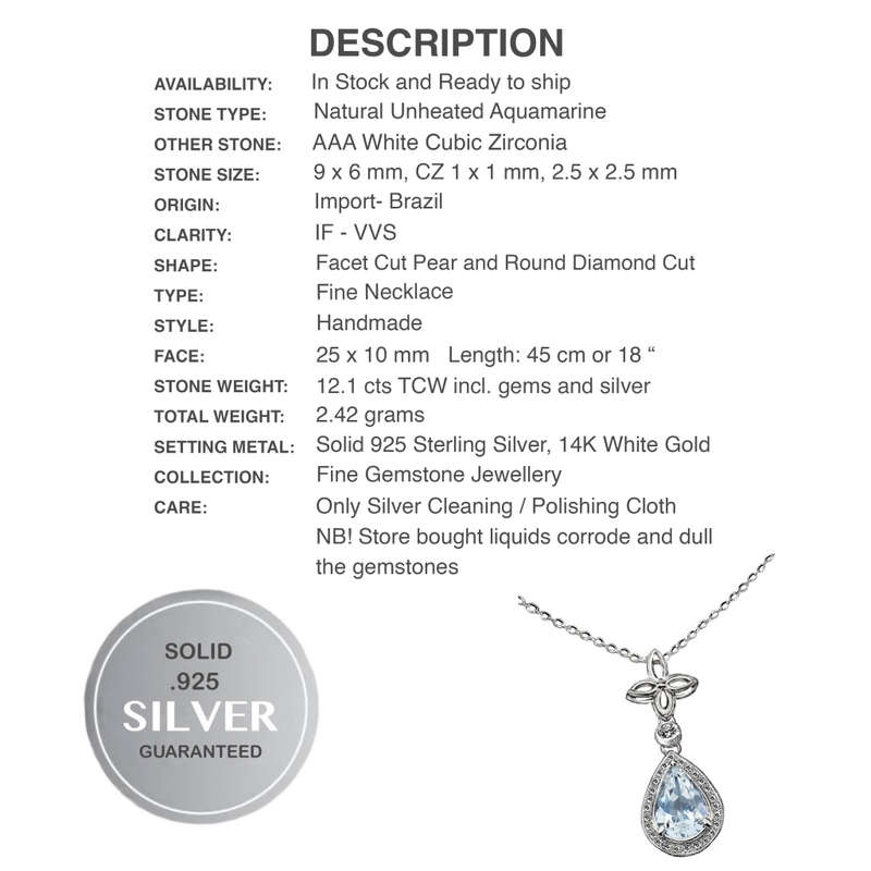 Natural Unheated Aquamarine Pear and White CZ Gemstone Solid .925 Sterling Silver Necklace