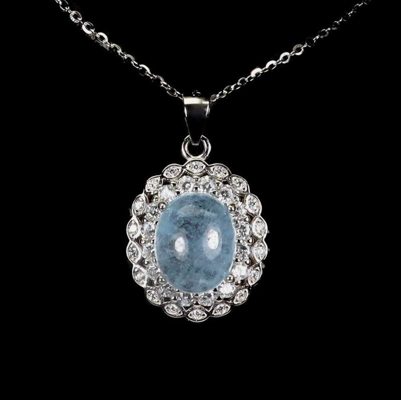 Deluxe Natural Unheated Aquamarine Oval and White CZ Gemstone Solid .925 Sterling Silver Necklace