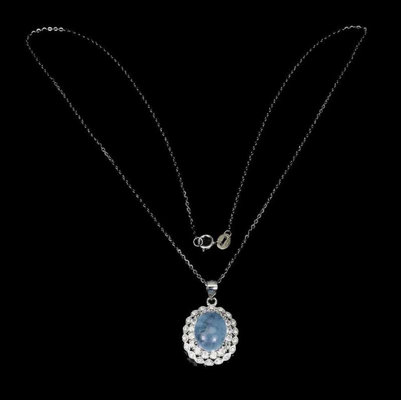 Deluxe Natural Unheated Aquamarine Oval and White CZ Gemstone Solid .925 Sterling Silver Necklace