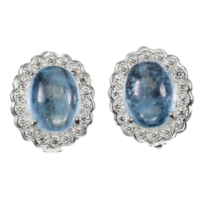 Deluxe Natural Unheated Aquamarine Oval and White CZ Gemstone Solid .925 Sterling Silver Necklace
