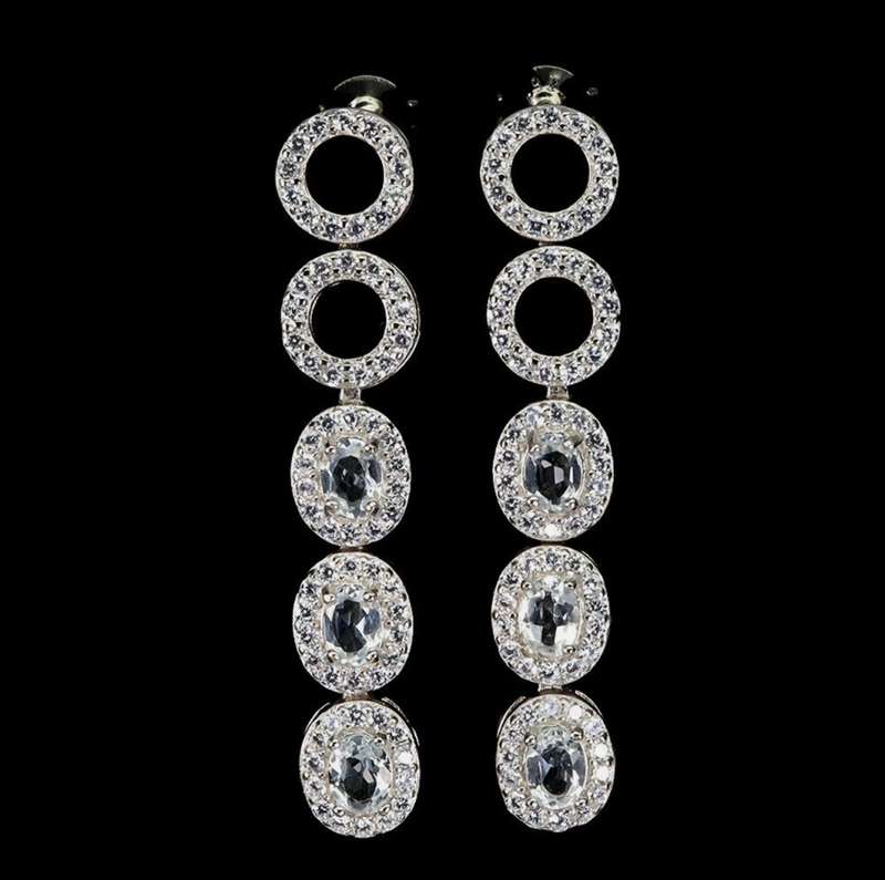 Deluxe Natural Unheated Aquamarine Ovals and White CZ Gemstone Solid .925 Sterling Silver Stud Earri