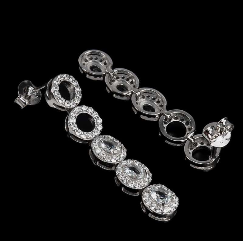 Deluxe Natural Unheated Aquamarine Ovals and White CZ Gemstone Solid .925 Sterling Silver Stud Earri