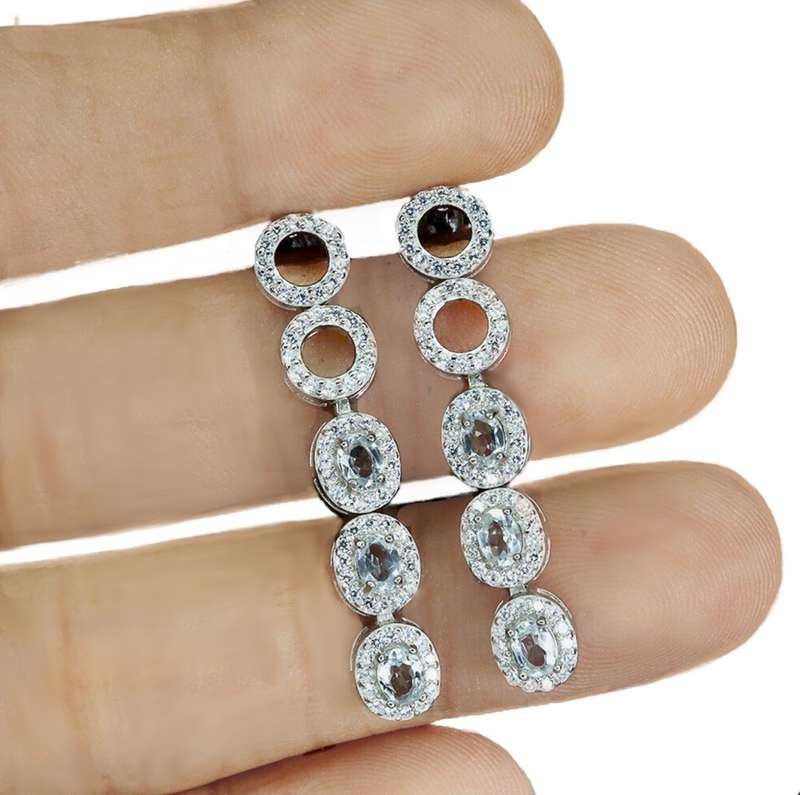 Deluxe Natural Unheated Aquamarine Ovals and White CZ Gemstone Solid .925 Sterling Silver Stud Earri