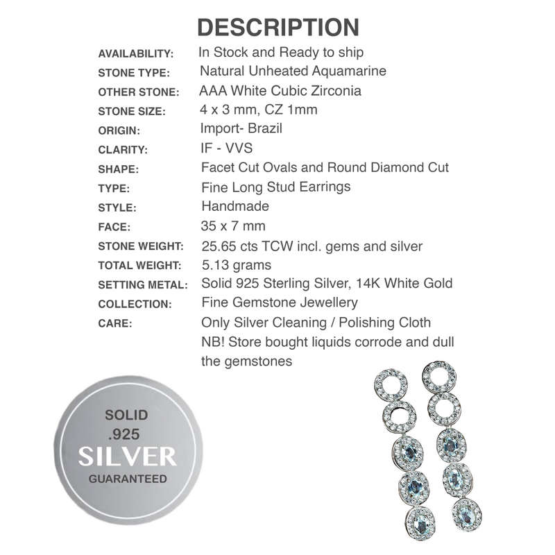 Deluxe Natural Unheated Aquamarine Ovals and White CZ Gemstone Solid .925 Sterling Silver Stud Earri