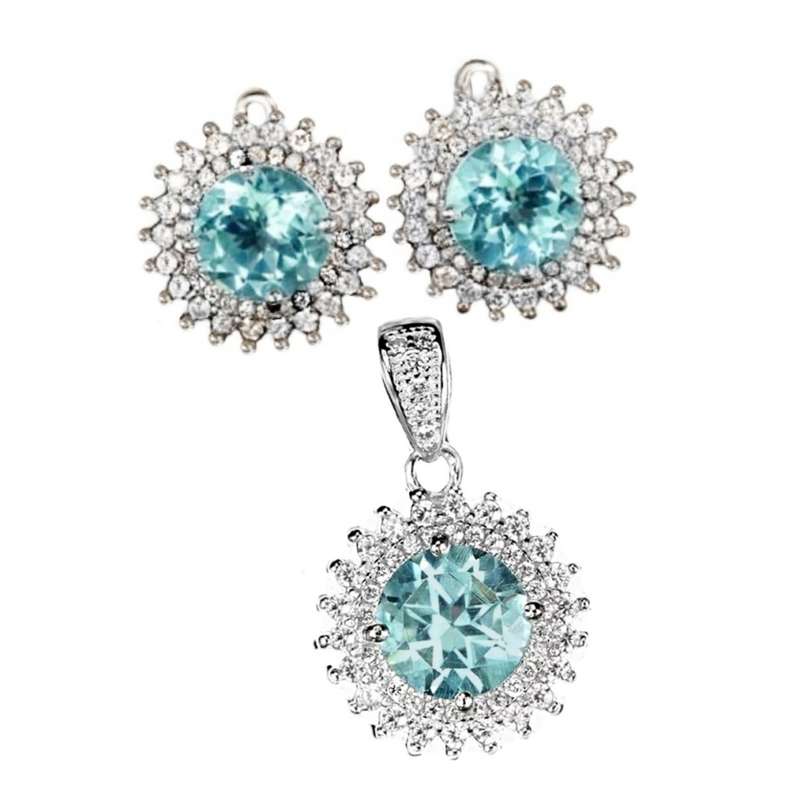 Huge Saving -Natural Blue Topaz Diamond Cut CZ Solid  925 Sterling Silver Pendant and Earrings