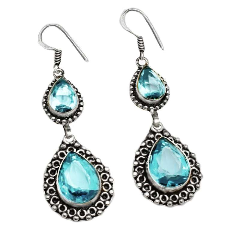 Blue Topaz Gemstone Pears  set in .925 Sterling Silver Plated Handmade Earrings