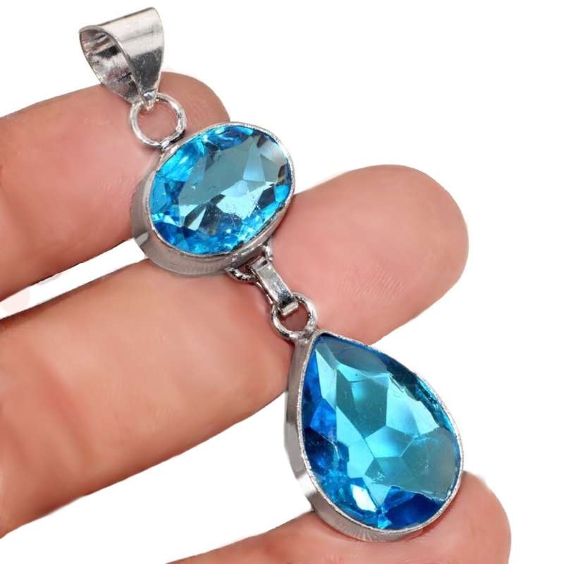 Handmade Mixed Shapes Blue Topaz Gemstone 925 Sterling Silver Plated Modern Pendant