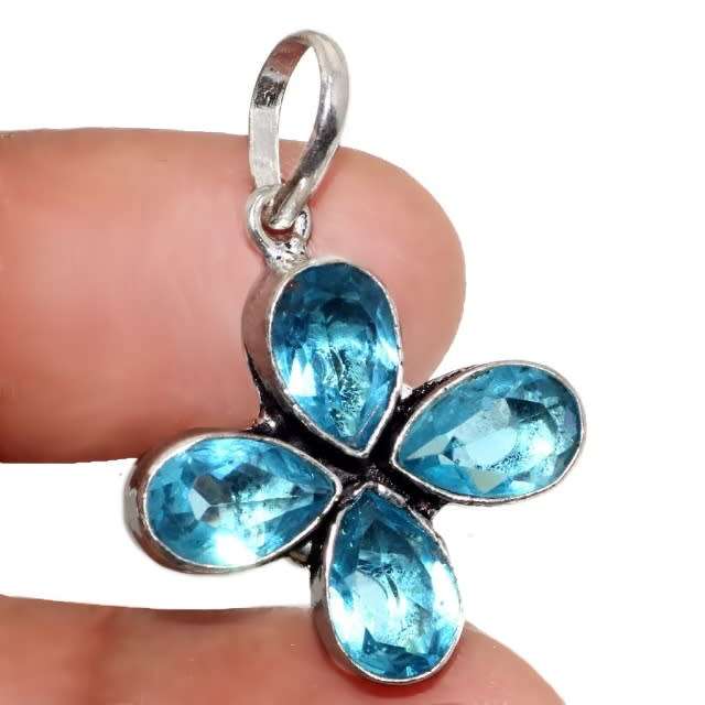 Handmade Blue Topaz Pear Gemstones set in .925 Sterling Silver Plated Dainty Pendant