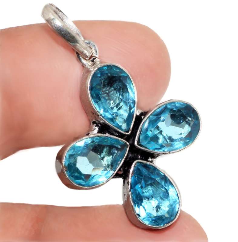 Dainty Handmade Blue Topaz Pears Gemstone .925 Sterling Silver Plated Handmade Pendant