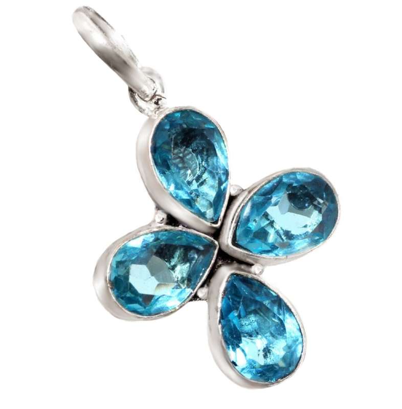 Dainty Handmade Blue Topaz Pears Gemstone .925 Sterling Silver Plated Handmade Pendant