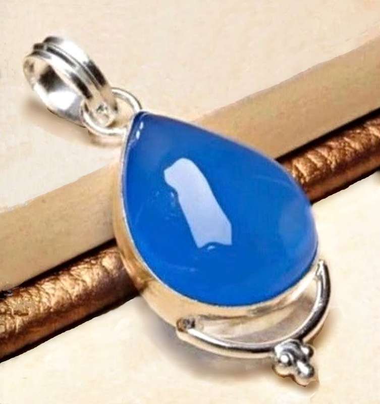 Blue Chalcedony Pear Shape set in .925 Sterling Silver Plated Handmade Elegant Pendant
