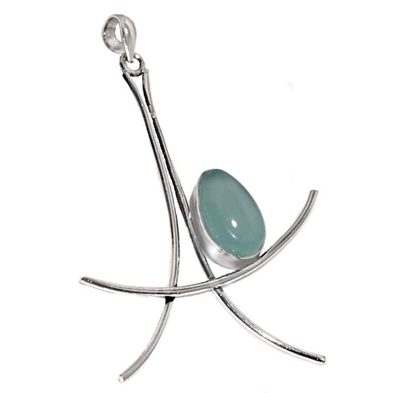 Handmade Abstract Modern Natural Aqua Blue Chalcedony Eiffel Tower  .925 Sterling Silver Pendant