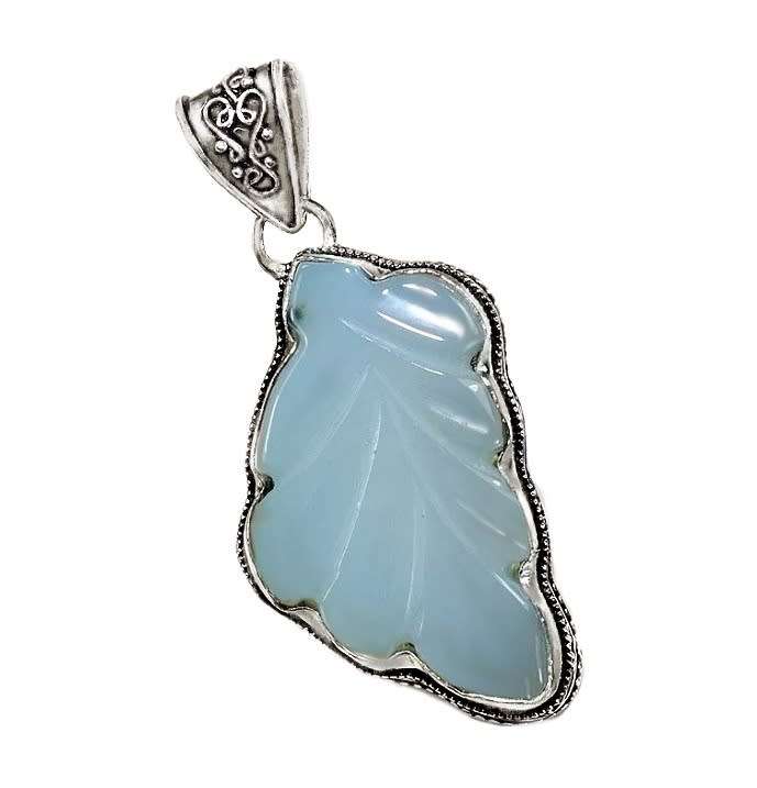 Carved Antique Style Aqua Chalcedony Leaf Shape set in 925 Sterling Silver Plated Handmade Pendant