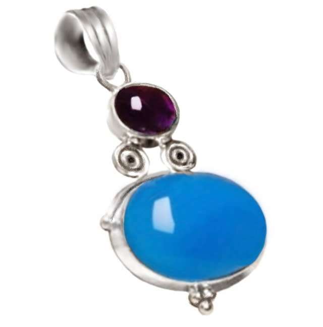Handmade Dainty Blue Chalcedony and Purple Amethyst Gemstone 925 Sterling Silver Pendant