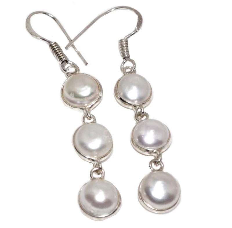 White River Pearl set in .925  Sterling Silver Plated Drop Dangle Long Earrings