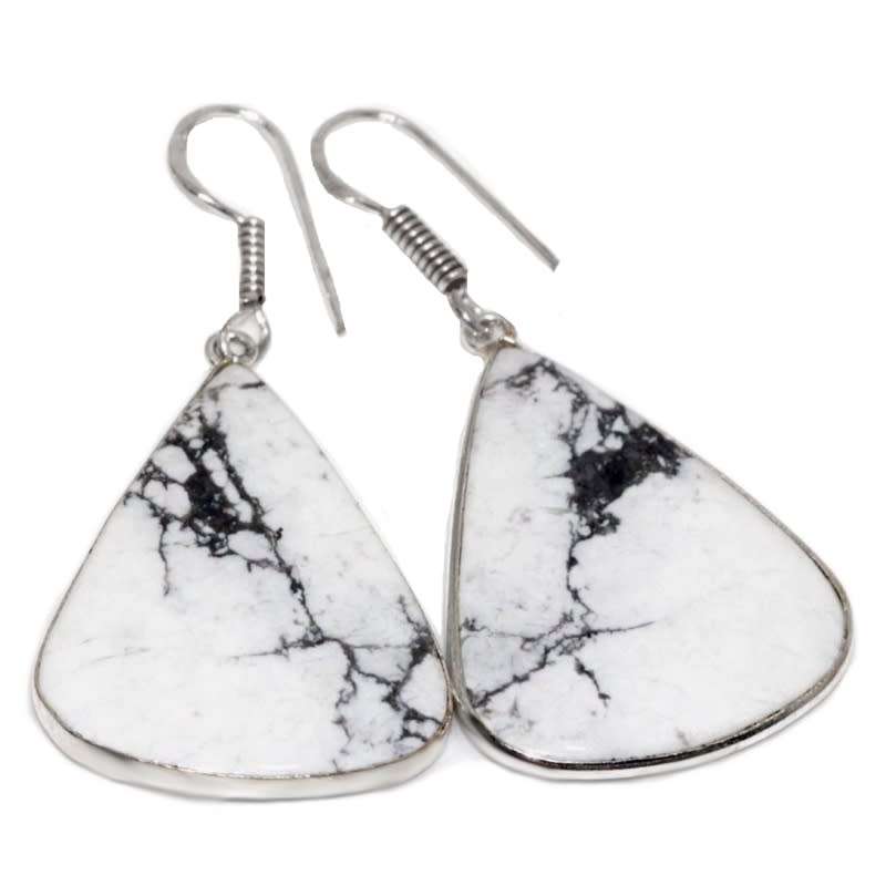 Natural Howlite Large Pear Shape Gemstone  925 Sterling Silver Plated Handmade Earrings