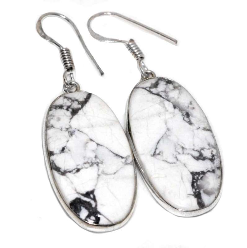 Natural Howlite Oval Gemstone set in 925 Sterling Silver Plated Handmade Earrings