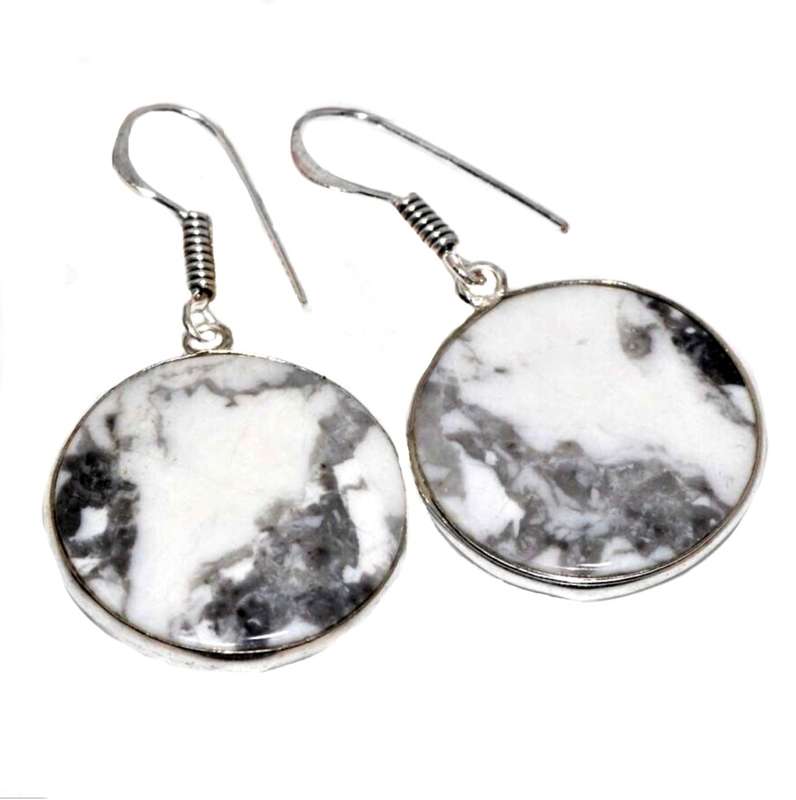 Natural Howlite Round Gemstone set in 925 Sterling Silver Plated Handmade Earrings