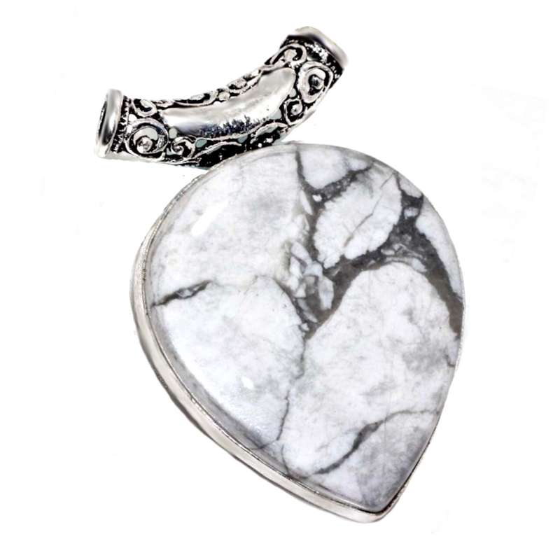 Natural Howlite Pear Shape Gemstone set in .925 Sterling Silver Plated Handmade Pendant