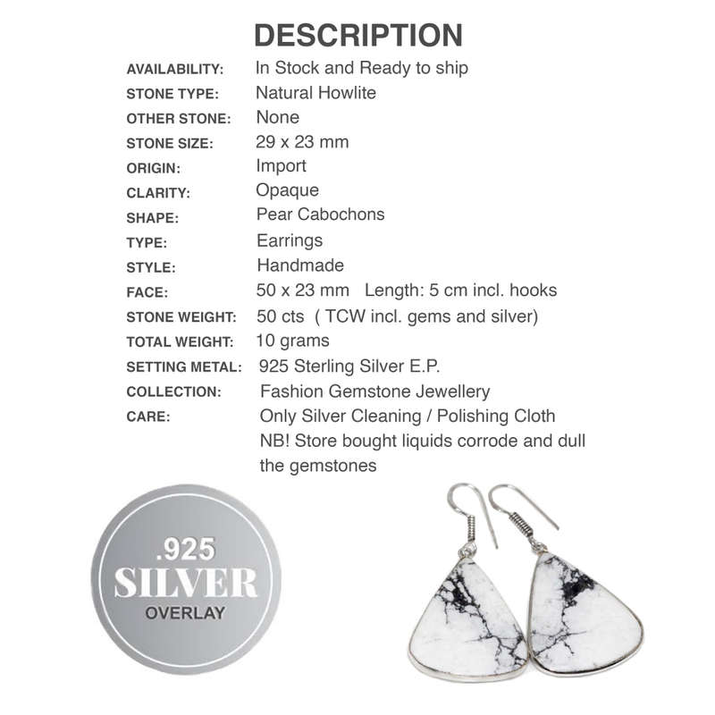 Natural Howlite Large Pear Shape Gemstone  925 Sterling Silver Plated Handmade Earrings