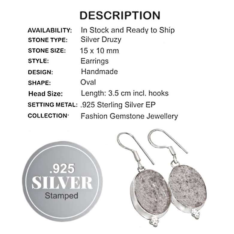 Lovely Oval Shape Silver Druzy Gemstone .925 Sterling Silver Earrings