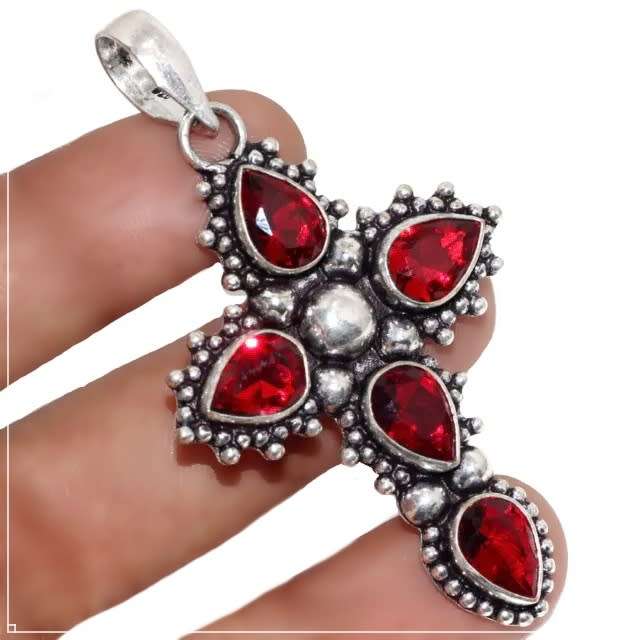 Pear Shape Garnet Gemstones set in Antique Style Cross .925 Sterling Silver Plated Handmade Pendant