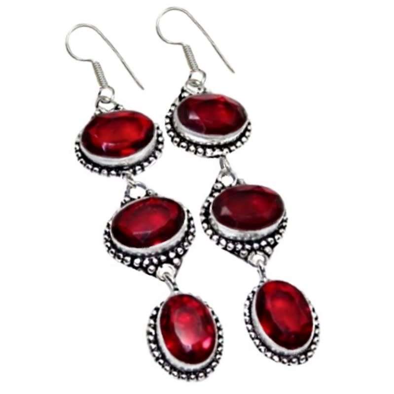 Red Garnet Ovals Gemstone set in .925 Sterling Silver Plated Handmade Long Earrings