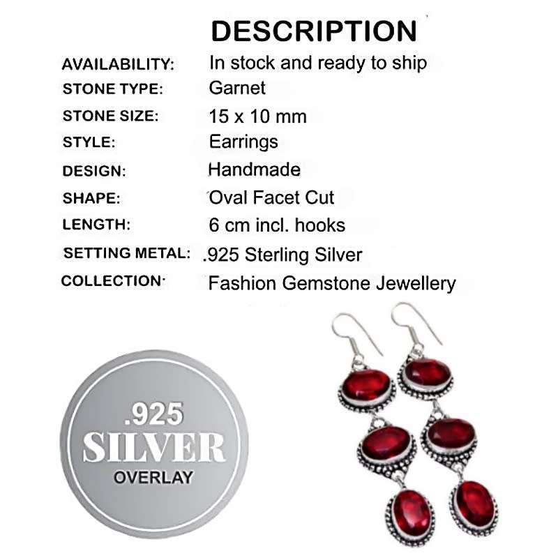 Red Garnet Ovals Gemstone set in .925 Sterling Silver Plated Handmade Long Earrings