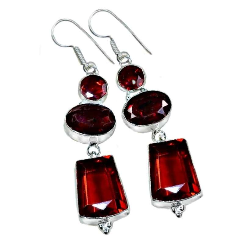 Mixed Shape Garnet Gemstones set in .925 Sterling Silver Plated Handmade Earrings