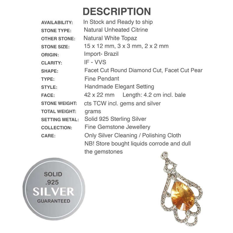 Natural Sunny Citrine, White Topaz Gemstone Pendant Solid .925 Sterling Silver