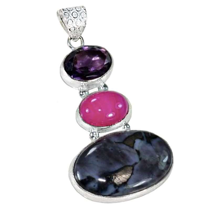 Natural Indigo Gabrro, Botswana Agate and Purple Amethyst .925 Sterling Silver Plated Pendant