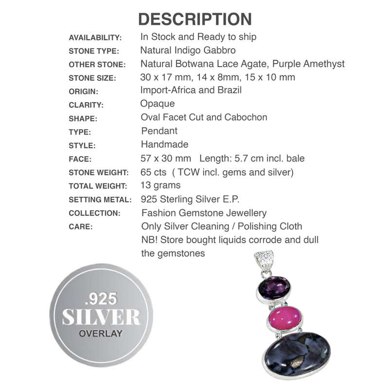 Natural Indigo Gabrro, Botswana Agate and Purple Amethyst .925 Sterling Silver Plated Pendant