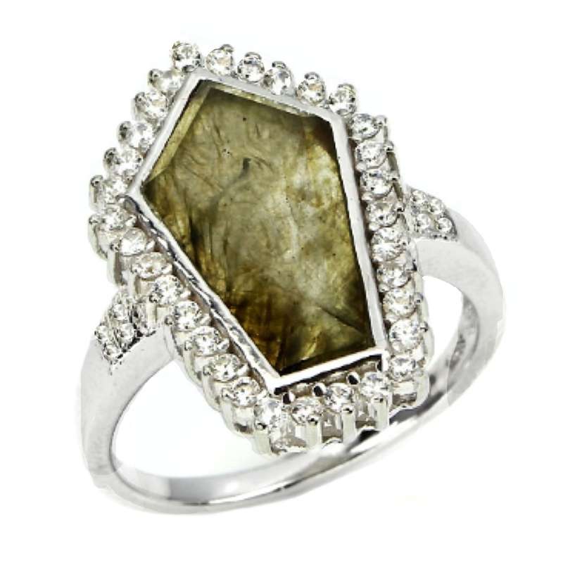 Deluxe Natural Unheated Labradorite AAA White CZ Solid .925 Silver 14K White Gold Ring Size US 9