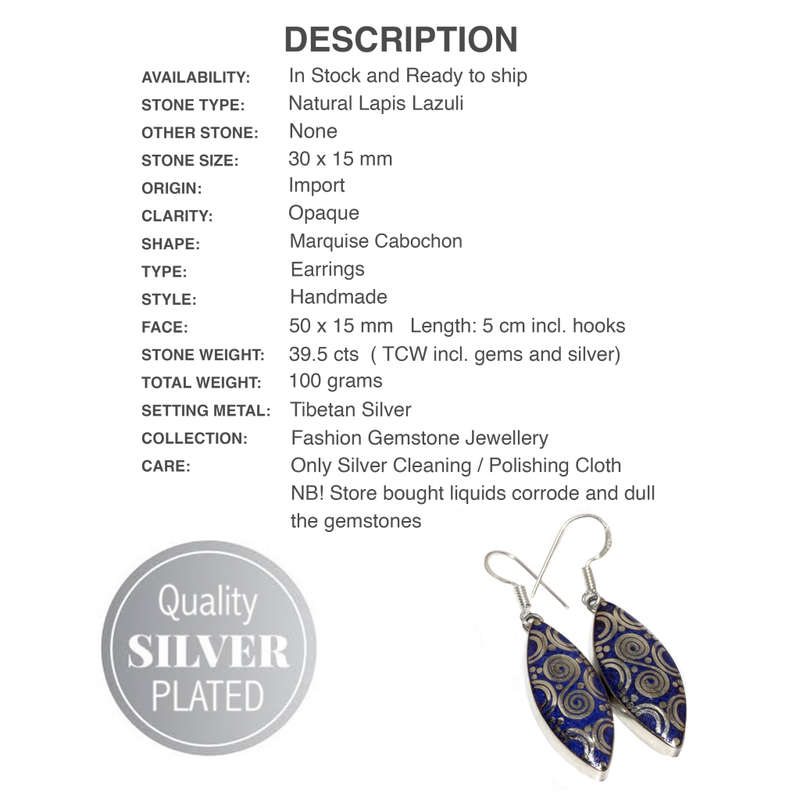 Nepali Natural Lapis Lazuli Marquise Shape earrings set in Tibetan Silver