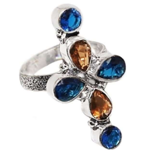 Sapphire Quartz and Cognac Citrine set in .925 Sterling Silver Plated Handmade Ring Size US 7.5 /  P