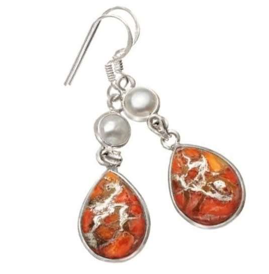 Natural Red Copper Turquoise and Pearl set in Solid .925 Sterling Silver Earrings