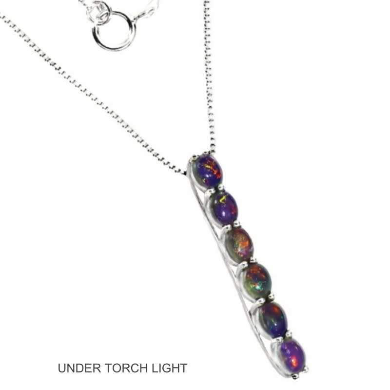 Deluxe 6 Natural Rainbow Flash Black Fire Opal Solid.925 Sterling Silver 14K White Gold Necklace