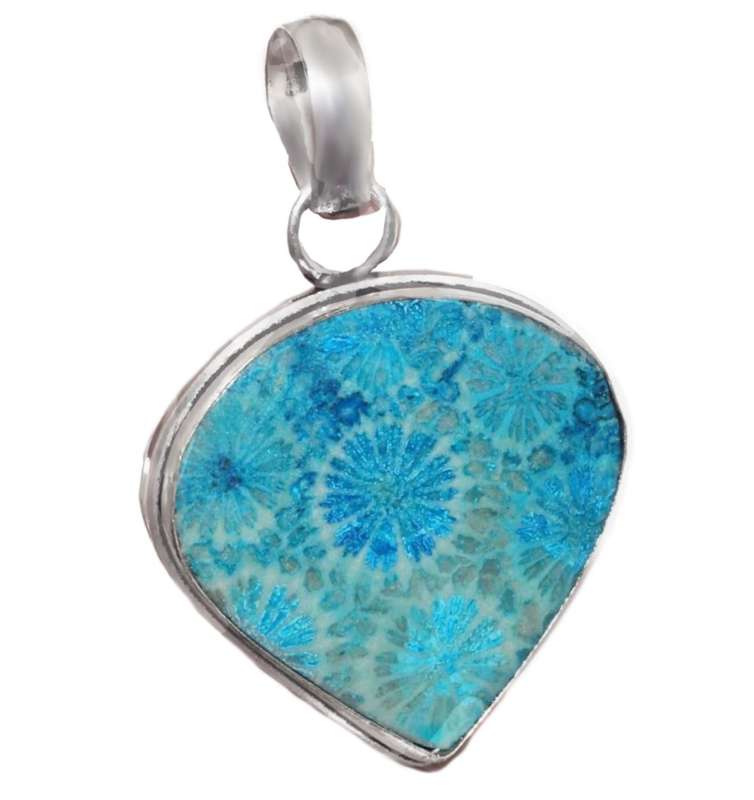 Natural Fossil Coral Pear Shape set in .925 Sterling Silver Plated Handmade  Pendant