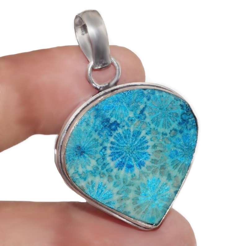 Natural Fossil Coral Pear Shape set in .925 Sterling Silver Plated Handmade  Pendant