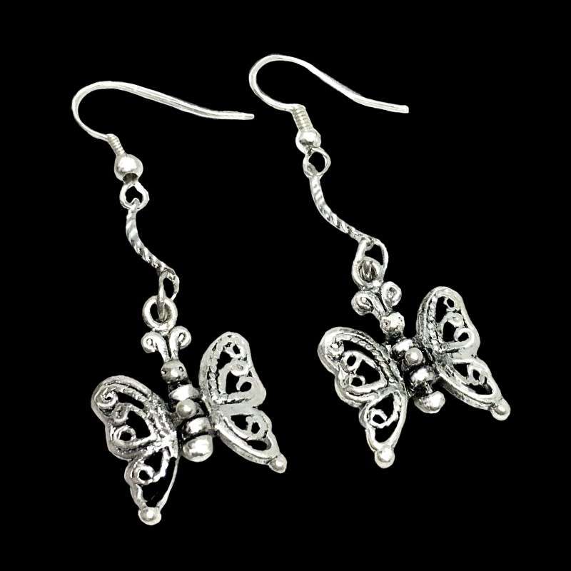 Dainty Handmade Ornate Butterfly Drop Dangle Silver Plated Earrings