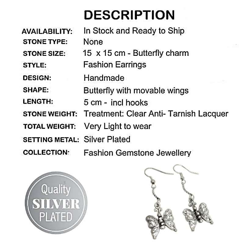 Dainty Handmade Ornate Butterfly Drop Dangle Silver Plated Earrings